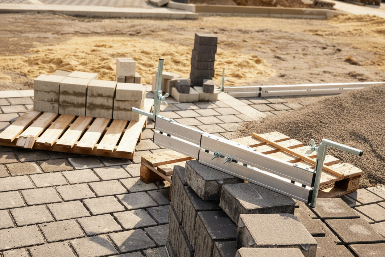 Abziehschiene von VOGTech Typ H2 auf einer Baustelle wo gerade gepflastert wird