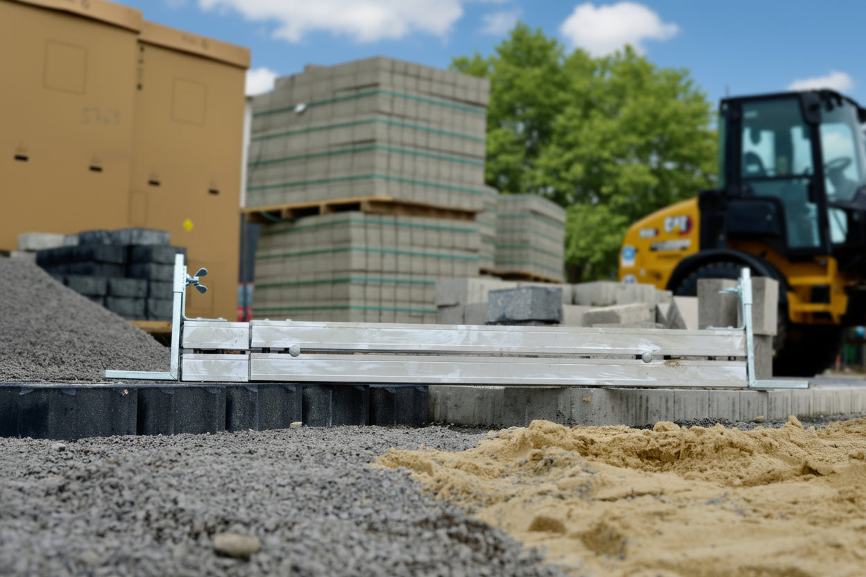 VOGTech Abziehschiene Typ H4 in silber und benutzt. Auf einer Baustelle Pflasterarbeit
