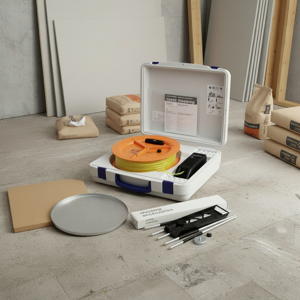nivcomp Schlauchwassserwaage it H-Disk und H-Set auf einer Trockenbaustelle in einem Haus platziert
