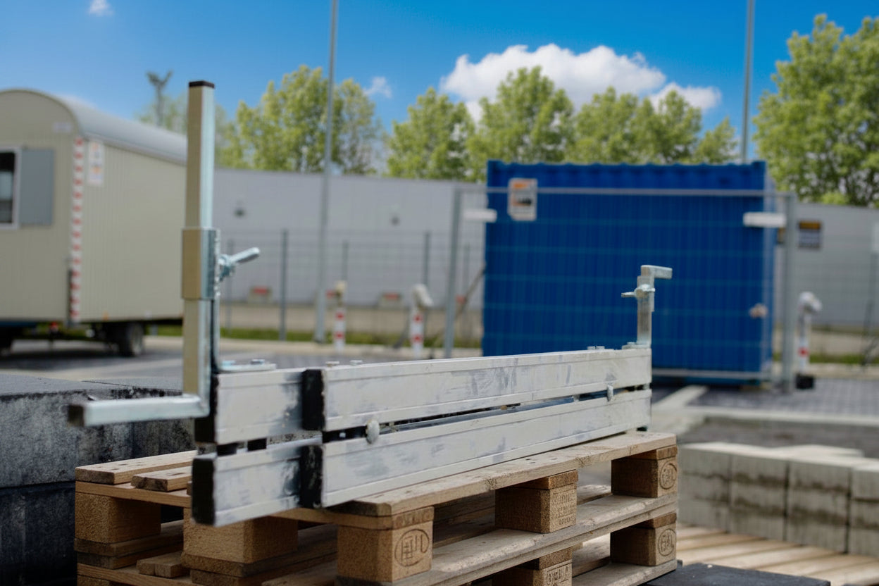 Abziehschiene von VOGTech Typ H2 kürzere Variante steht auf einer Europalette auf einer Baustelle für Pflasterarbeit