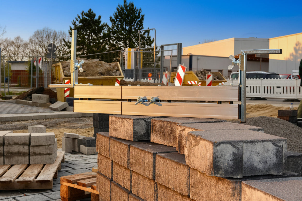 VOGTech Abziehschiene Typ H4 auf einer Baustelle Abziehschiene auf Pflastersteine platziert auf einer Baustelle