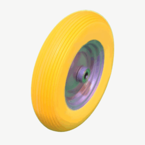 Produktbild von Radachse für Fort Schubkarren pannensicheres Rad 400×100 polymere Bandage Laufflaeche Stahlblechfelge mit abgedichtetem Kugellager und Achse M14x140 einbaufertig hellgelbes Rad