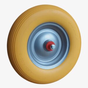 Produktbild von Radachse für Fort Schubkarren pannensicheres Rad 400×100 polymere Bandage Laufflaeche Stahlblechfelge mit abgedichtetem Kugellager und Achse M14x140 einbaufertig